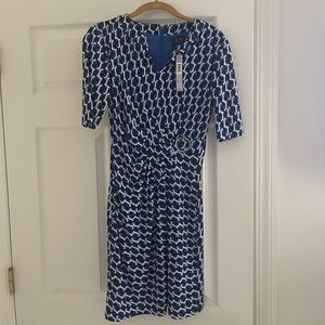 Tahari blue black white geometric print dress